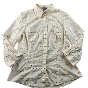 Ann Taylor Shirt Womens 6 Cream Black Swiss Dot Roll Tab Sleeve Collar Button-Up